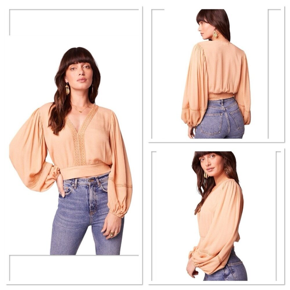BOG Band of the Free Brie Light Camel‎ Long Sleeve Top Lace Insets V Neck Medium